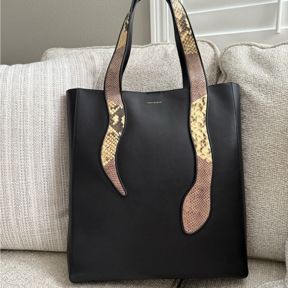Tory Burch Black and Snake Print Tote - Picture 4 of 10